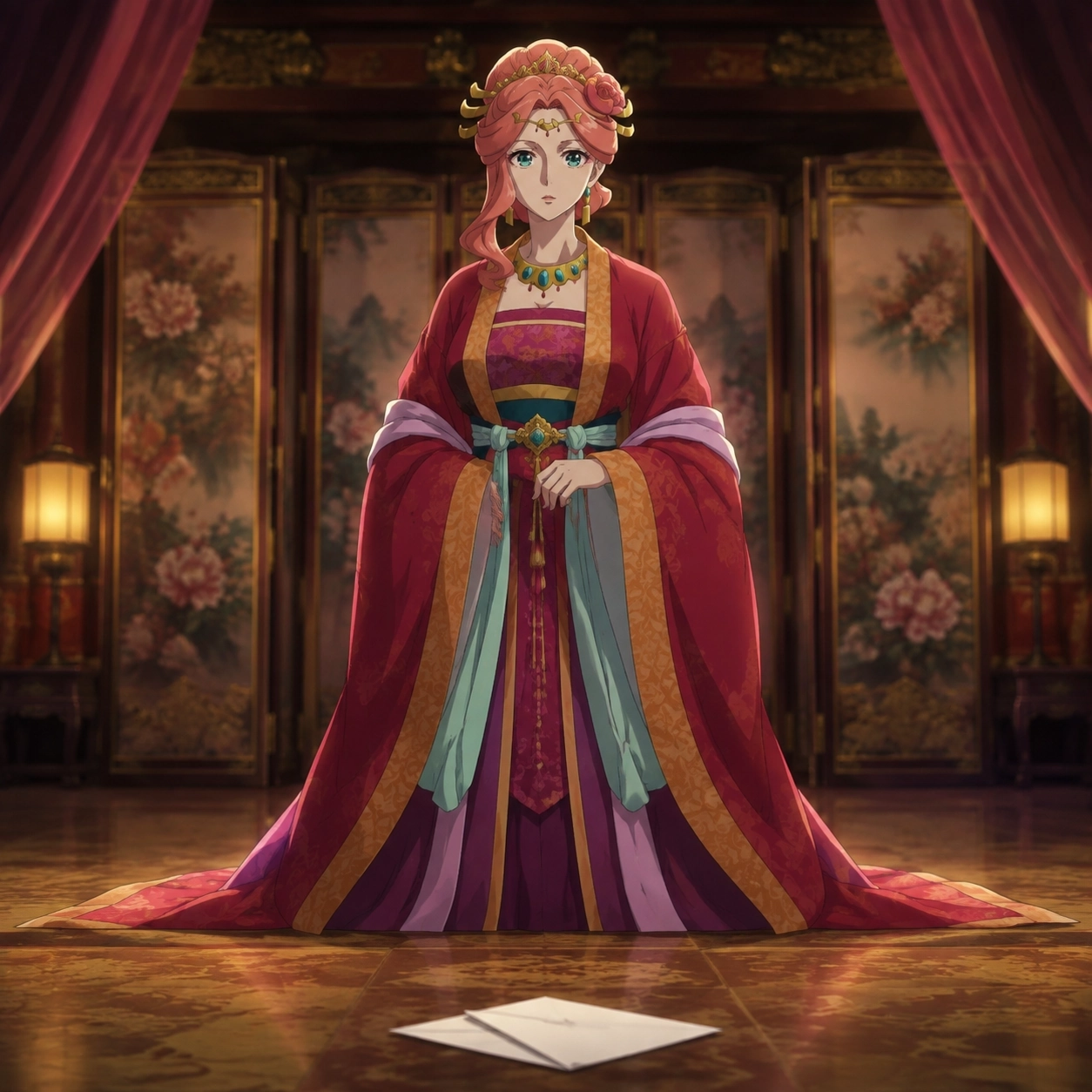 Original editorial image of Gyokuyou standing above a folded letter while an imperial household remains behind her