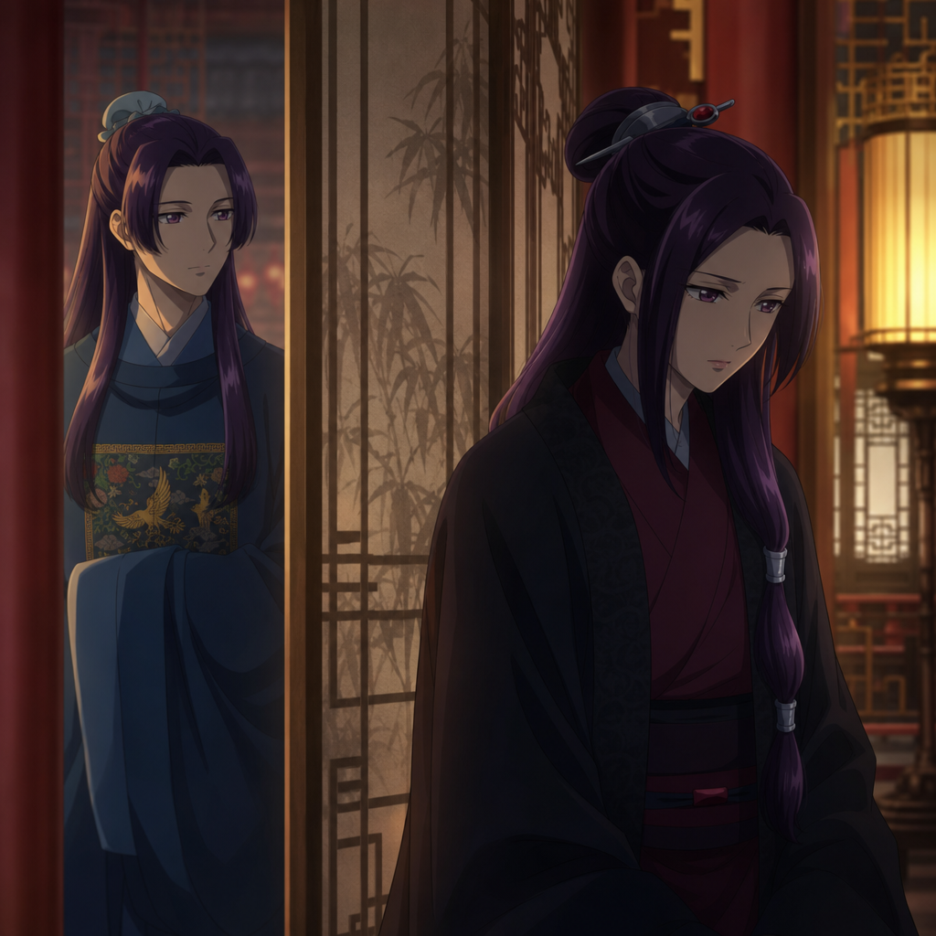 Symbolic palace corridor showing Jinshi and Ah-Duo separated by duty and silence