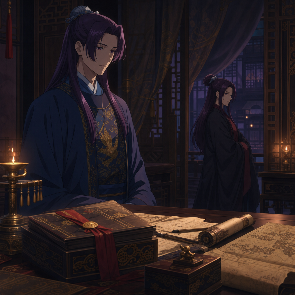 Symbolic imperial family record and sealed palace document representing Jinshi's hidden parentage