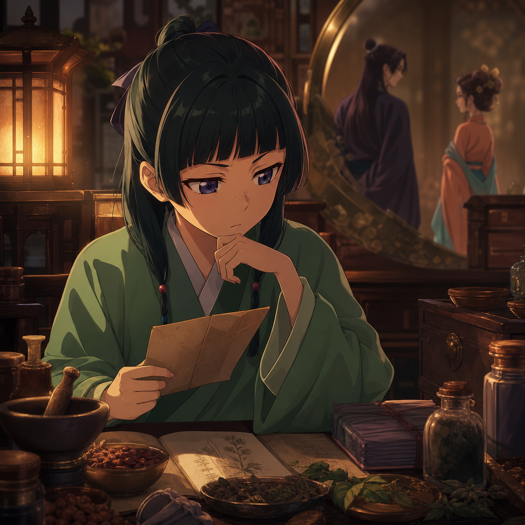 Maomao-style observer's desk with herbs, notes, and palace clues about Jinshi and Ah-Duo