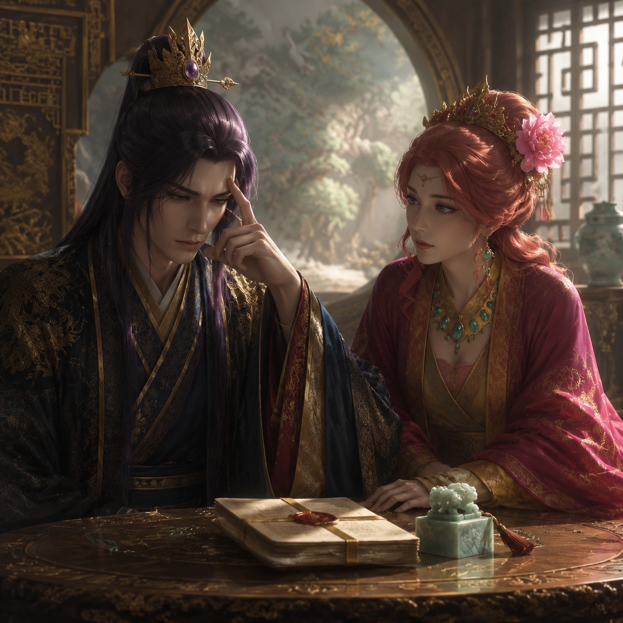Editorial illustration of Jinshi and Gyokuyou in an imperial chamber with a sealed dossier and jade seal between them