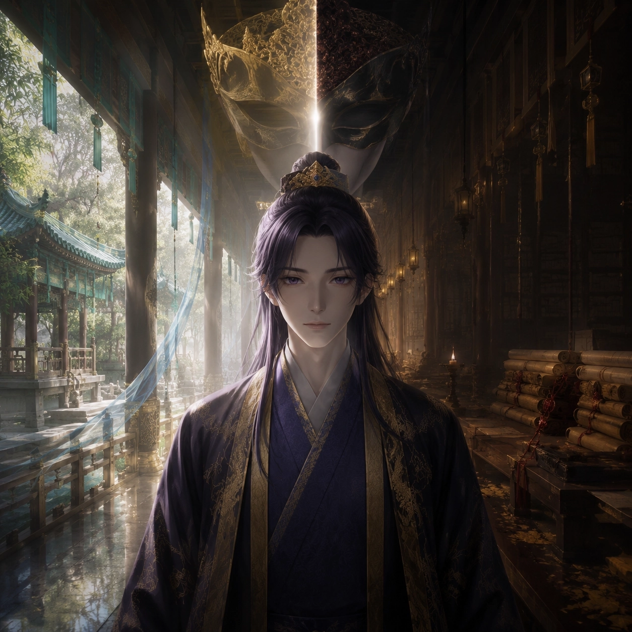 Jinshi standing in a palace corridor split between the Jade Pavilion and a sealed imperial dossier