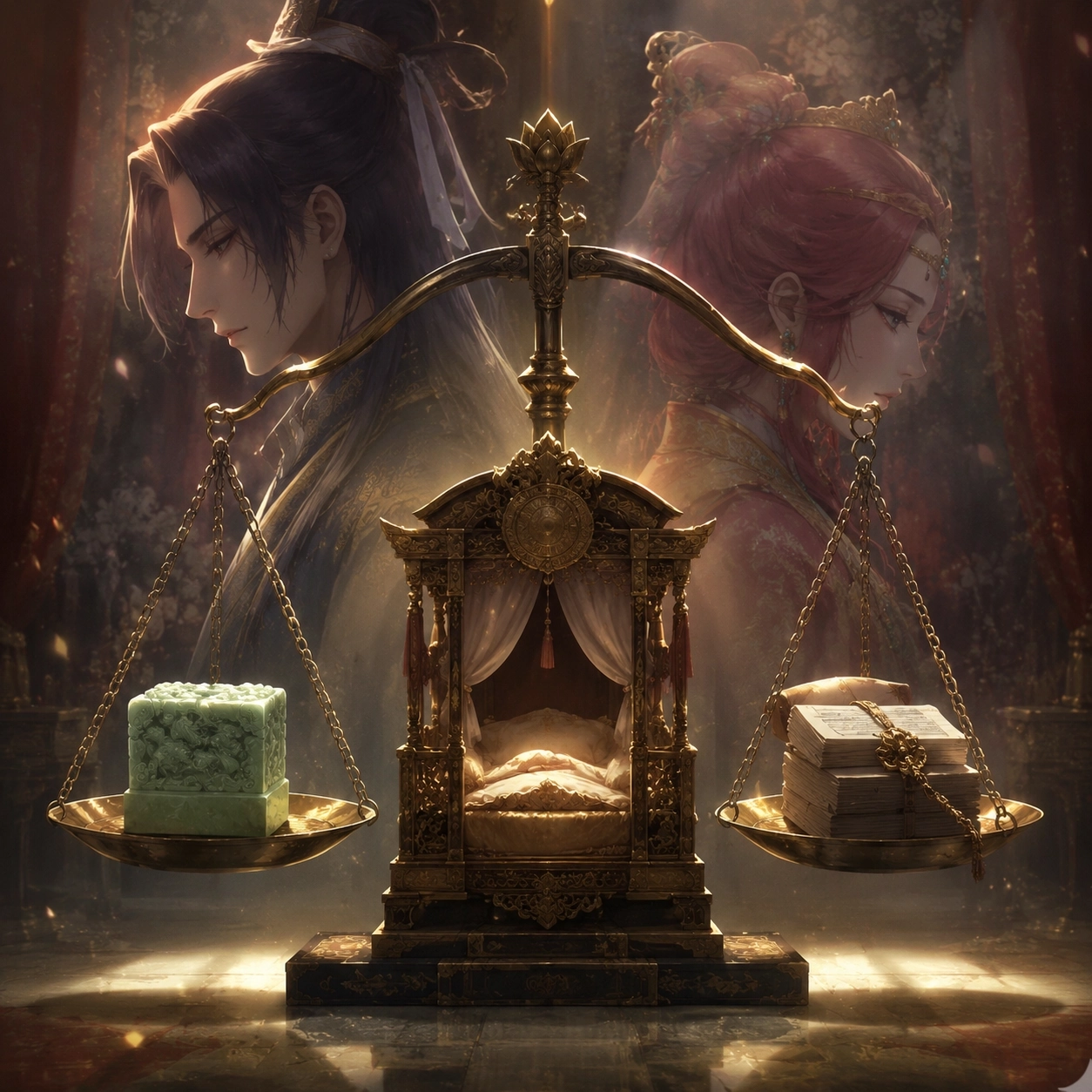 Court scales balancing a jade seal, hidden documents, and an imperial cradle under Jinshi and Gyokuyou's shadows