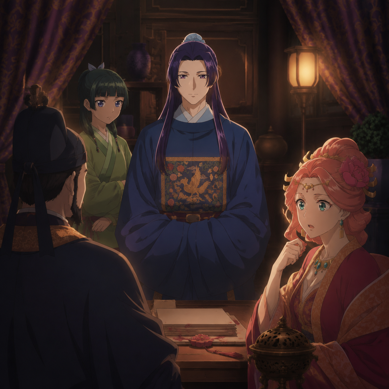 Sealed imperial meeting with Jinshi, Gyokuyou's peony symbol, and succession papers