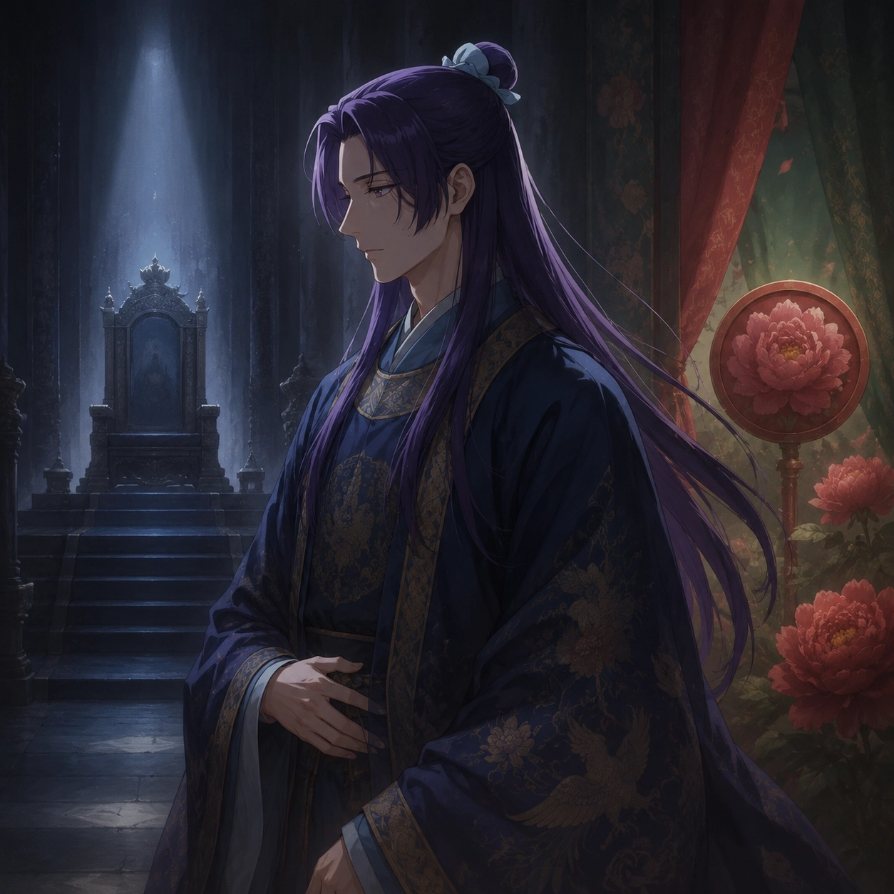 Jinshi standing between the throne he refuses, Gyokuyou's peony seal, and the hidden brand