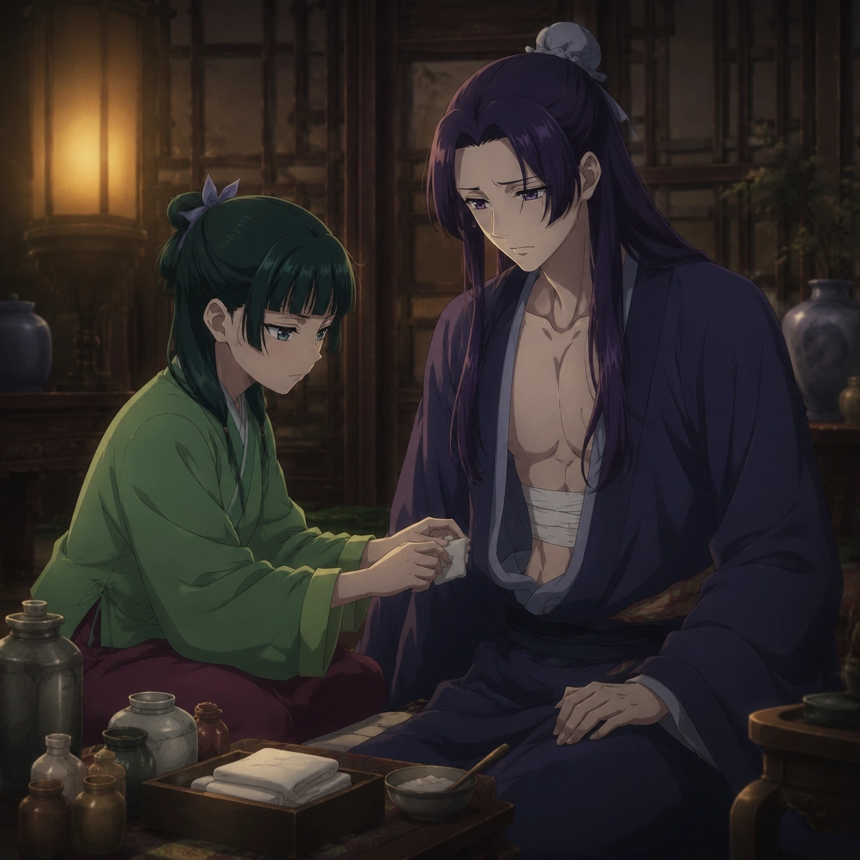 Maomao treating Jinshi's bandaged left-side wound while imperial secrets stay sealed