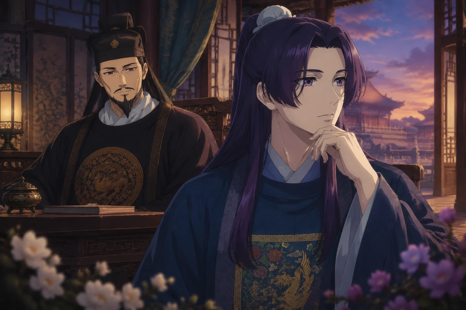 The Emperor watches a thoughtful Jinshi in a palace, with flowers in the foreground