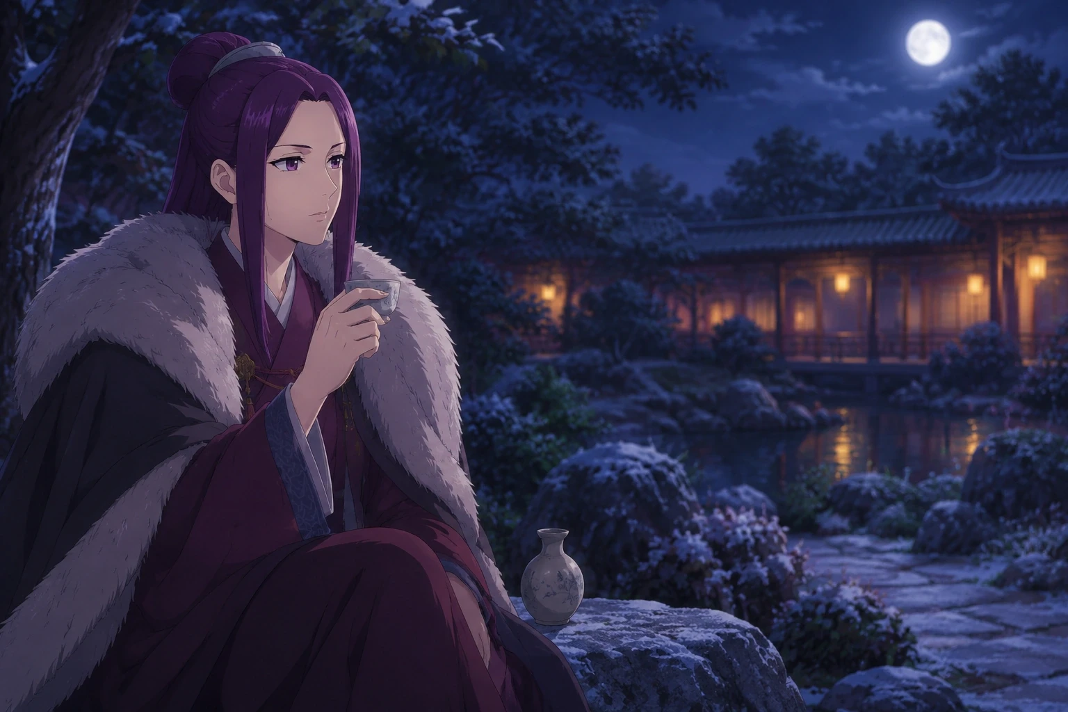 Ah-Duo wearing a fur cloak and drinking alone in a moonlit garden