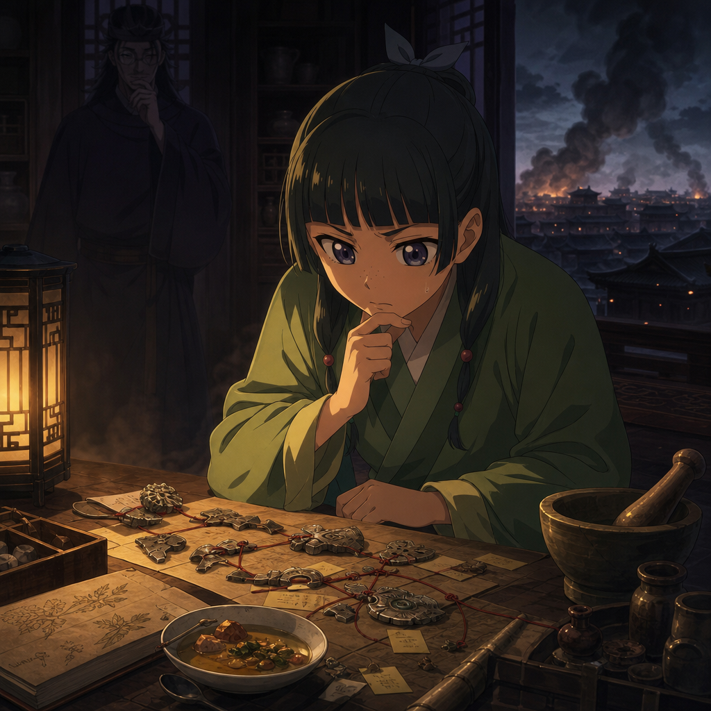 Maomao studying a palace clue map while Lakan watches from the shadows and the ritual crisis burns outside
