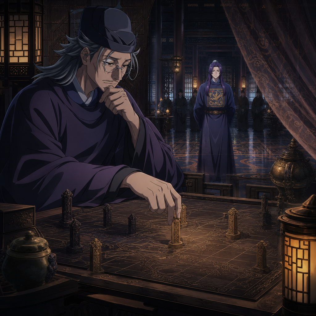 Lakan moving pieces across a palace strategy board while Jinshi stands in the hall, showing how route maps and court position shape the rescue