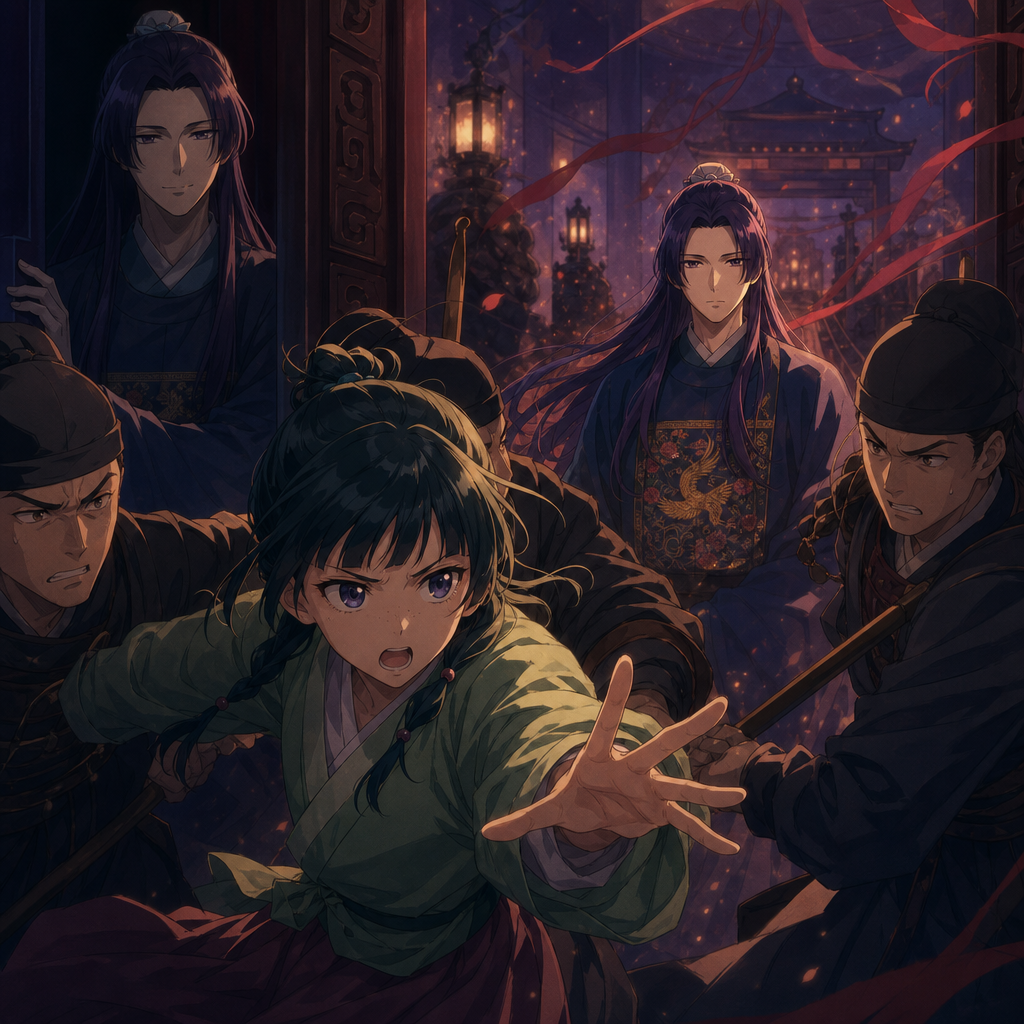 Maomao breaking past palace guards toward Jinshi, showing why rank and access decide whether truth can reach the ritual site