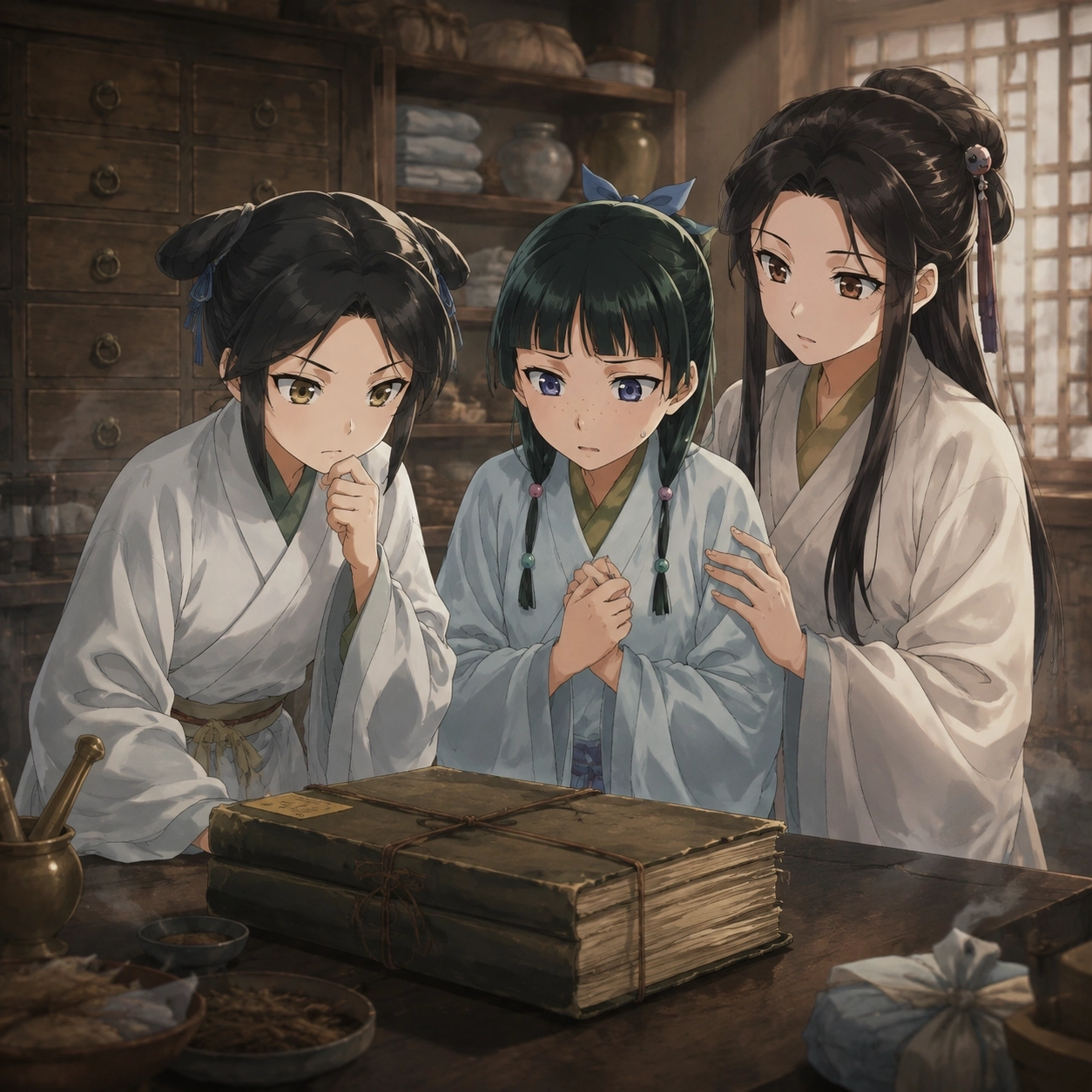 Maomao, Yao, and En'en facing Luomen's hidden Hua Tuo's Book test