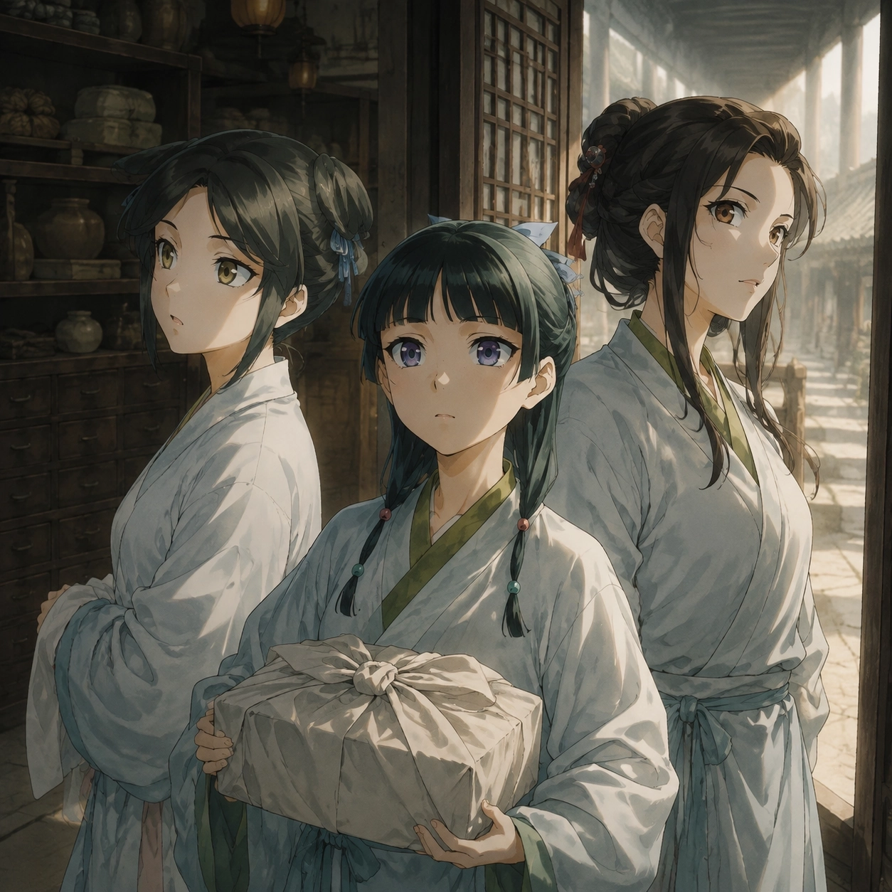 Maomao, Yao, and En'en standing at the threshold between medicine and taboo