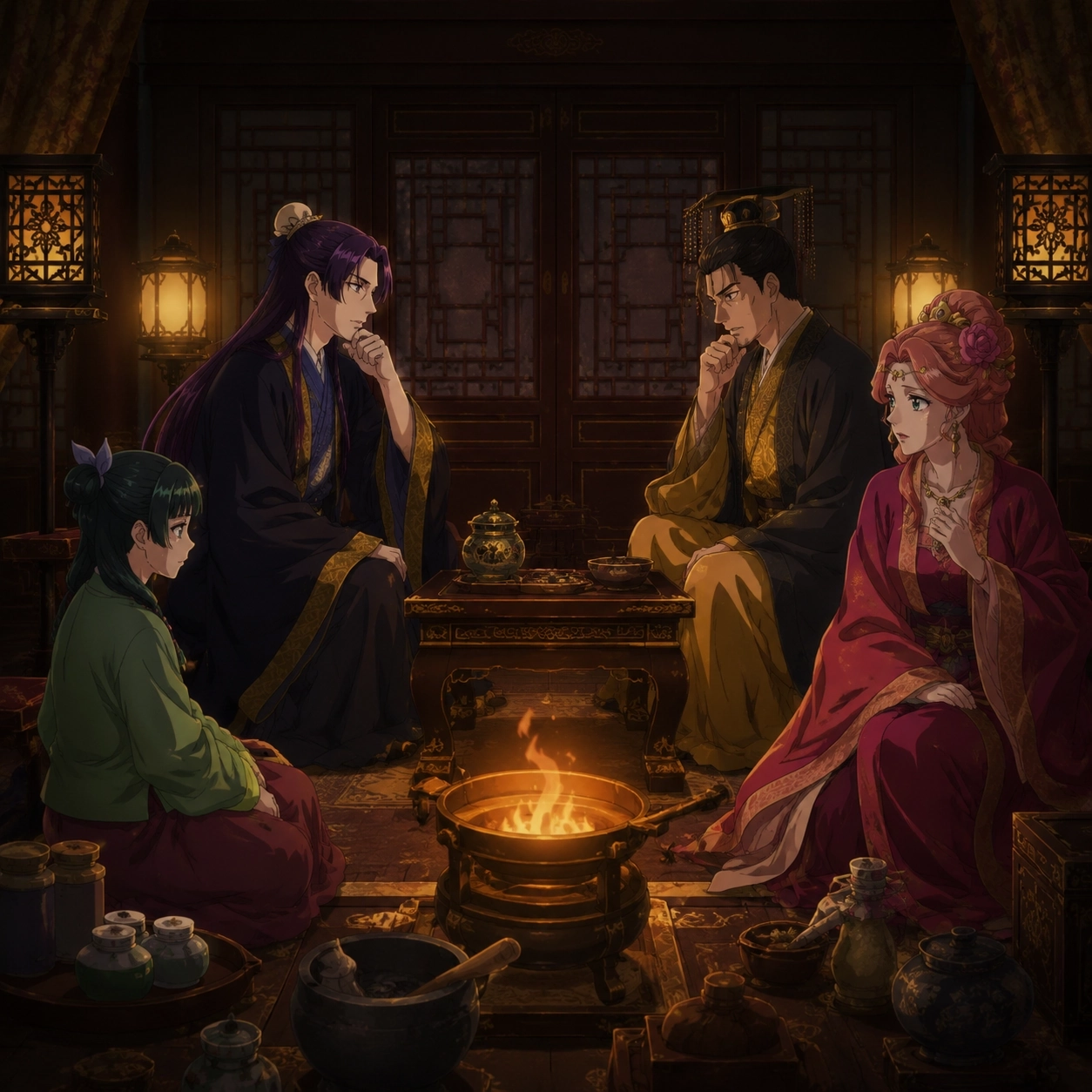 The Emperor, Jinshi, Gyokuyou, and Maomao meeting privately inside a sealed imperial chamber