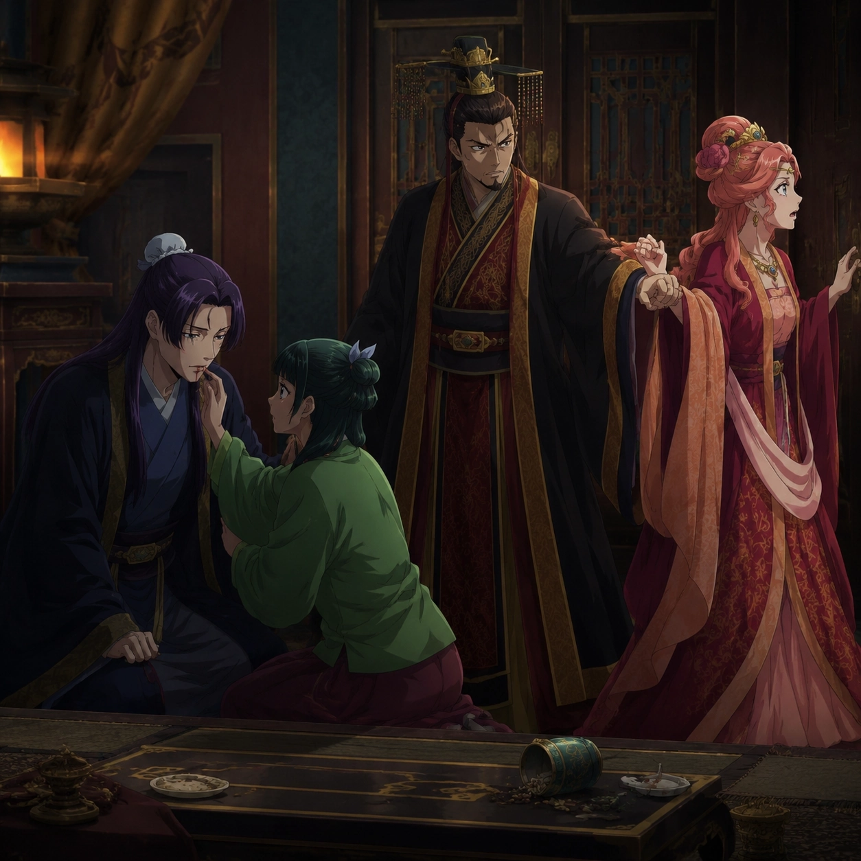 Maomao checks Jinshi after the Emperor strikes him while the Emperor stops Gyokuyou from calling for help