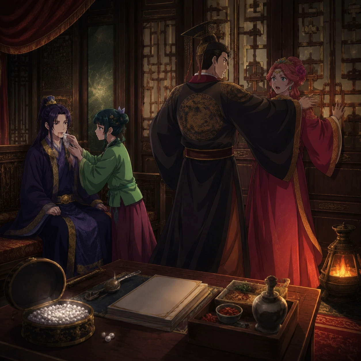 The Emperor blocks Gyokuyou from summoning attendants as Maomao tends the injured Jinshi inside the sealed room