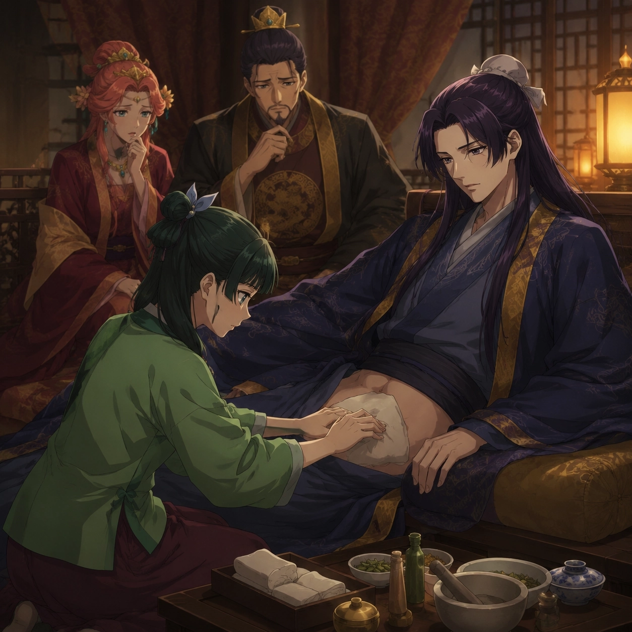 Maomao treats the burn on Jinshi's left abdomen while the Emperor and Gyokuyou watch in shock