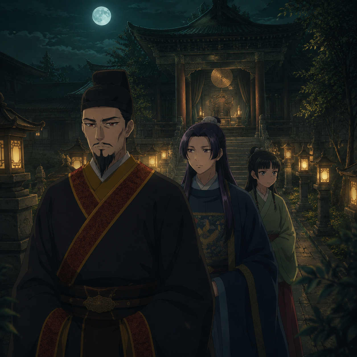 The Emperor leading Jinshi and Maomao into the Shrine of Choosing