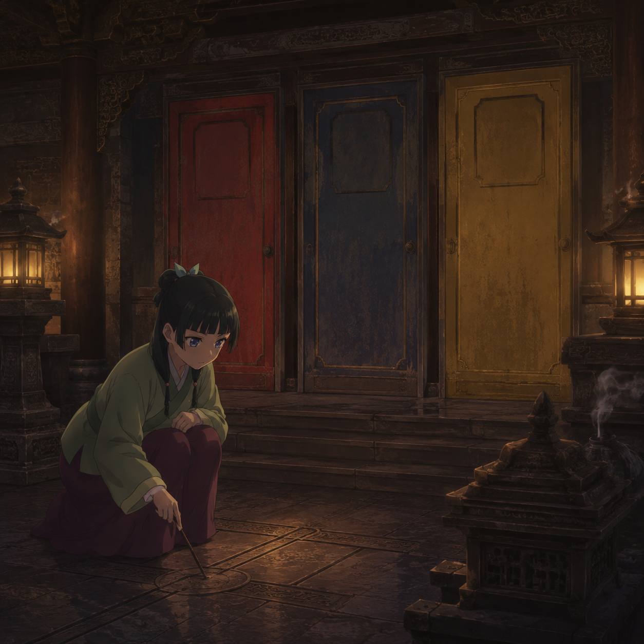 Three painted doors inside an old shrine while Maomao studies the color-based puzzle