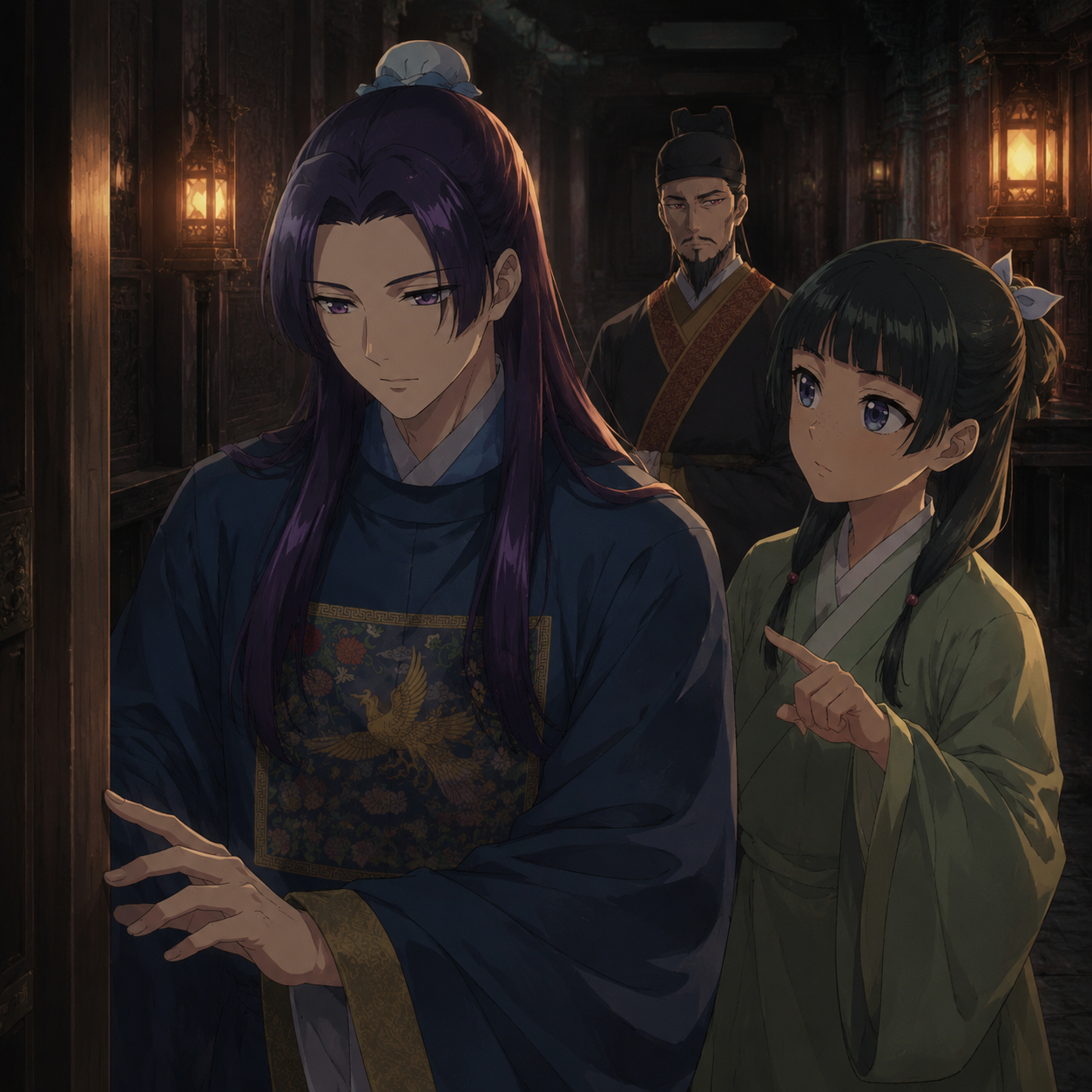 Jinshi guiding Maomao through a ceremonial shrine passage while the Emperor watches from behind