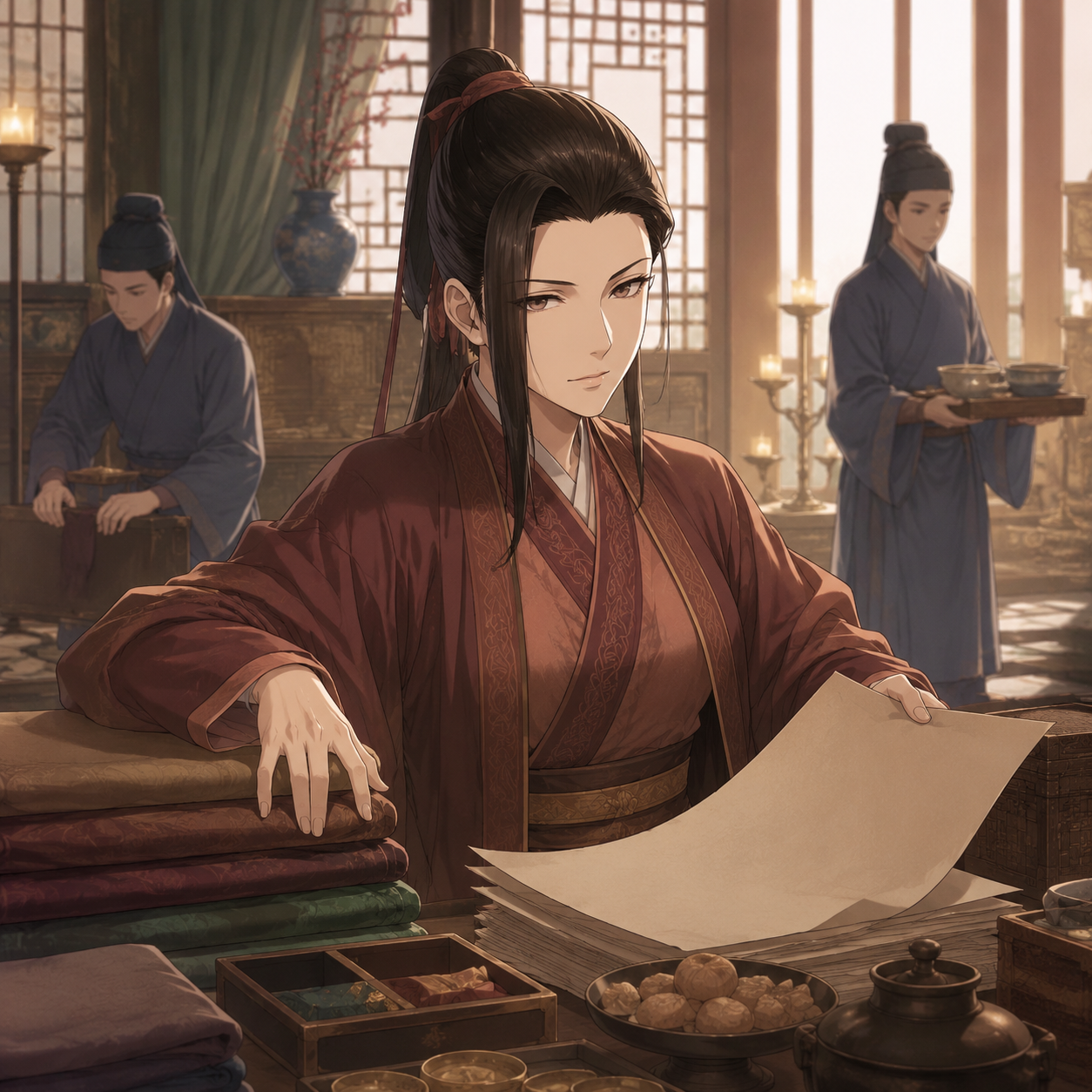 Original editorial illustration of Taomei managing Ma clan household affairs