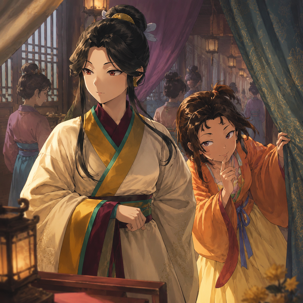 Original editorial illustration of Mamei and Chue moving information through palace spaces