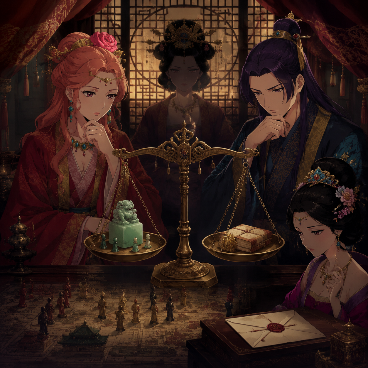 Original court scales weighing personal loyalty against political rivalry between Gyokuyou and Jinshi