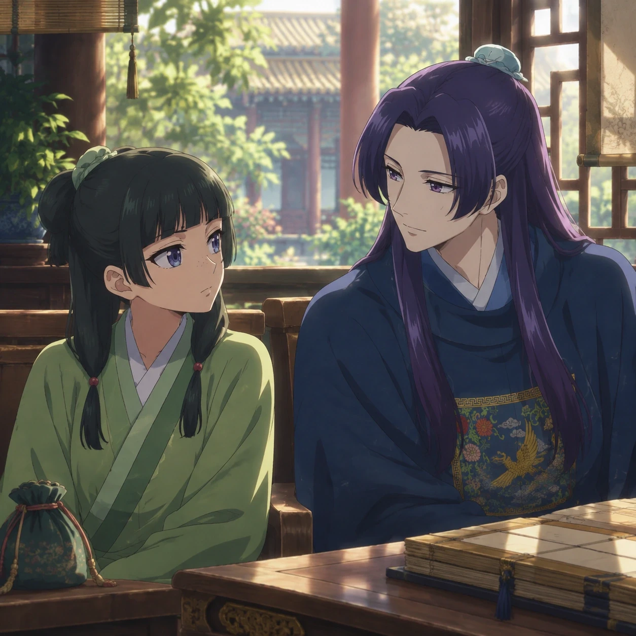 Maomao and Jinshi seated together beside a palace window, looking at each other.