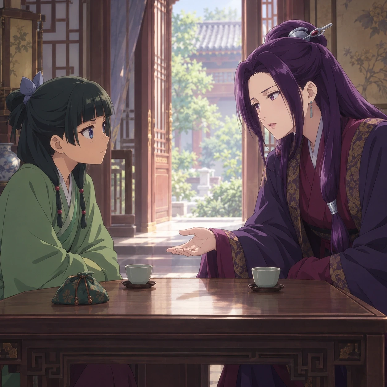 Ah-Duo gestures toward Maomao as they speak beside an open doorway.