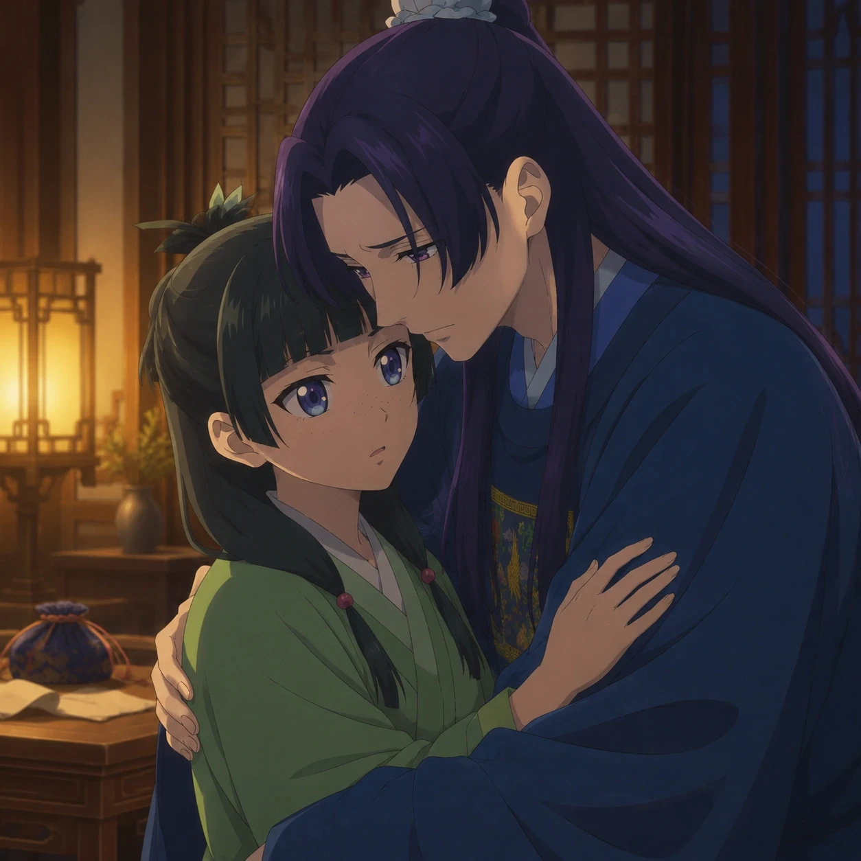 Jinshi leans toward Maomao in a gentle embrace as she rests a hand on his arm.