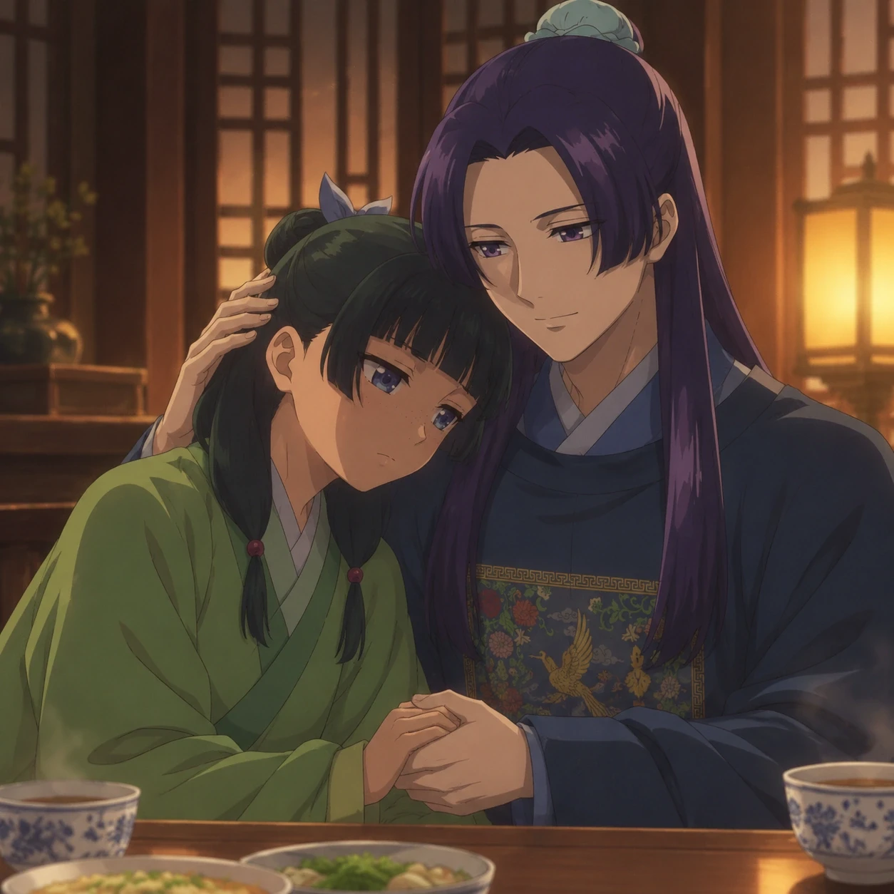 Maomao holds Jinshi's hand and leans on his shoulder for comfort beside a meal.
