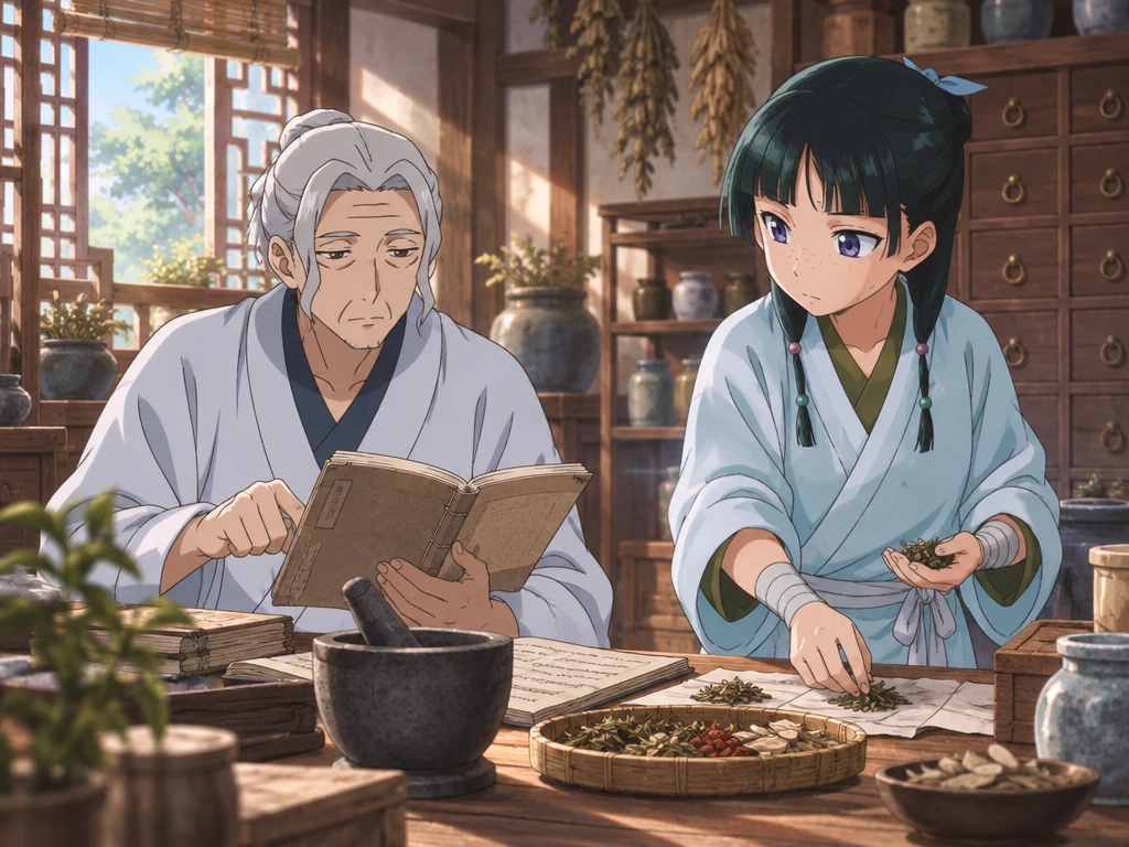 Maomao sorting medicinal herbs beside Luomen as he consults a book in the pharmacy