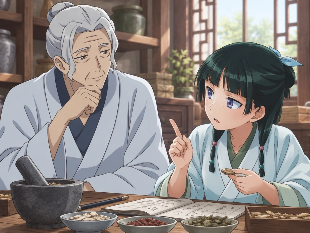Maomao pauses preparing herbs to ask Luomen a question at their worktable