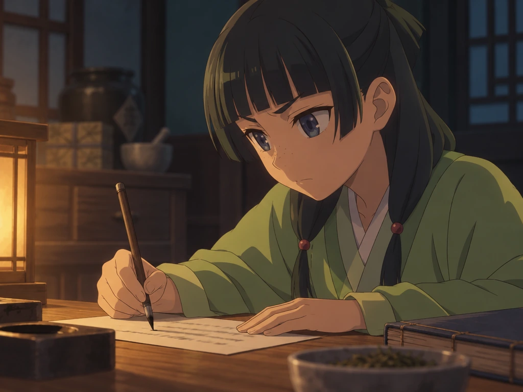Maomao writing a letter by lamplight to affirm her wish to continue studying medicine