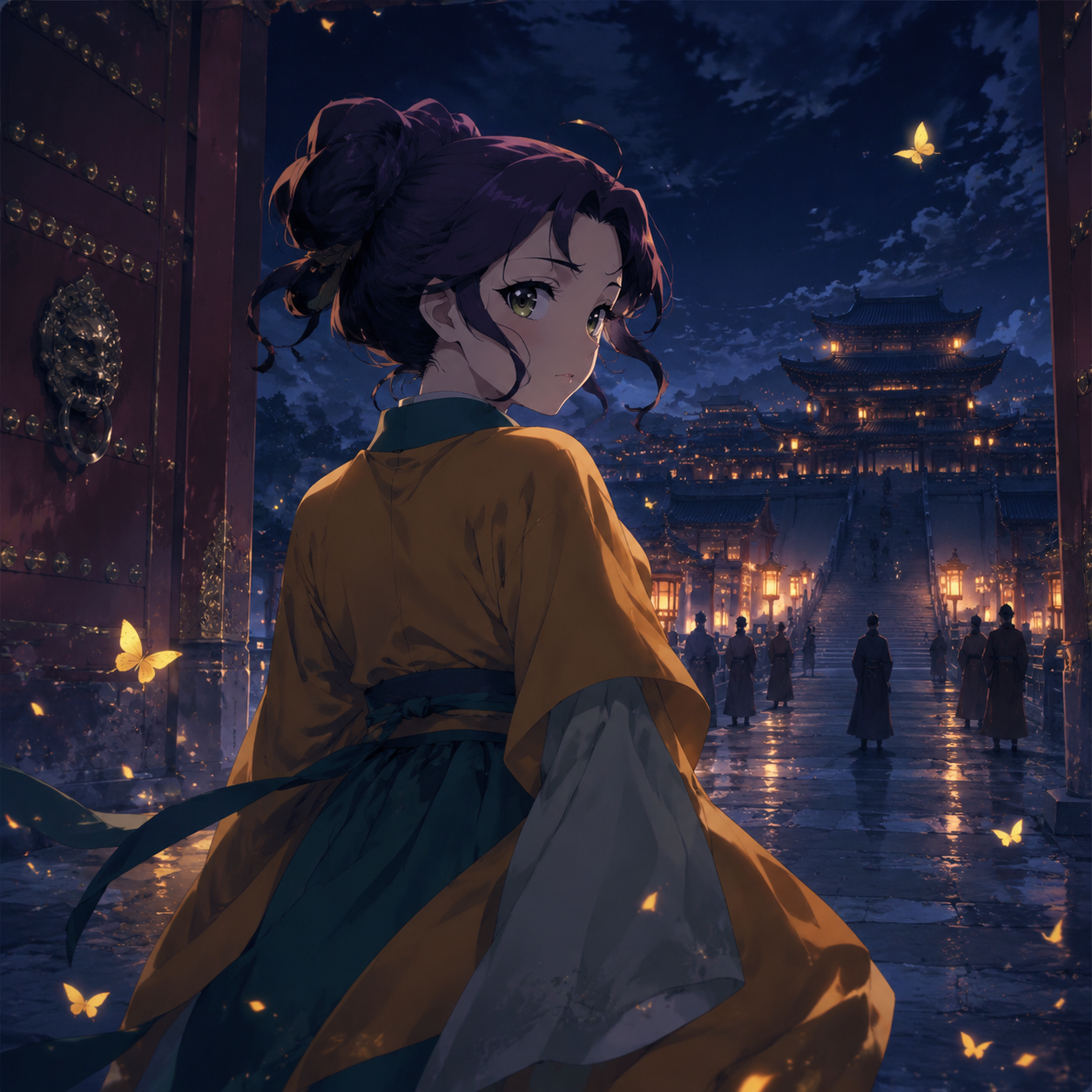Shisui looking back at a moonlit palace gate for a future return theory