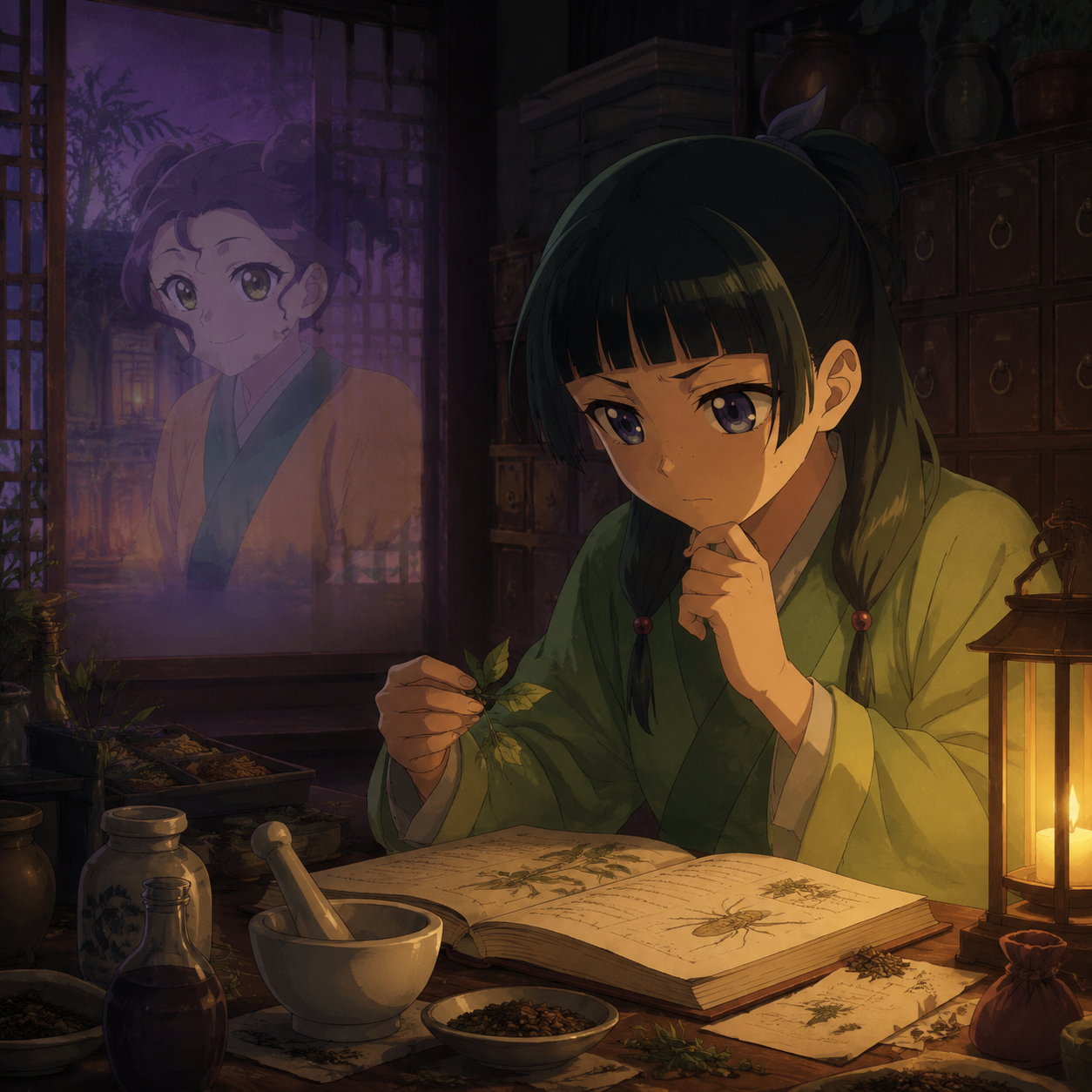 Maomao studying herbs and notes while Shisui appears as a memory behind the window