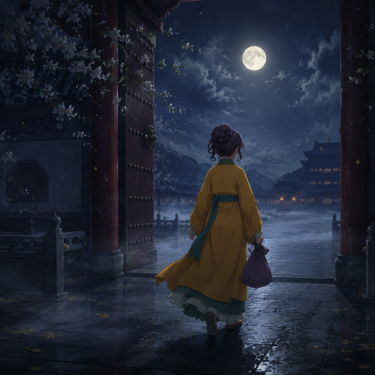 Shisui walking away from the palace gate under moonlight with a small travel bundle
