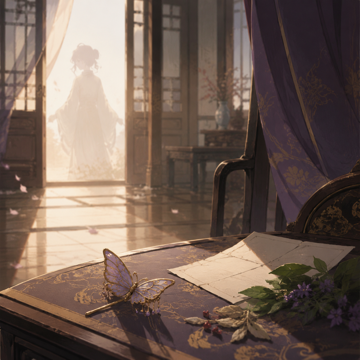 Empty palace room with a butterfly hair ornament and herbs suggesting Shisui may return through memory and clues