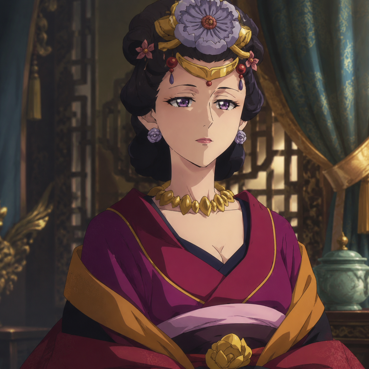 Original editorial portrait of Anshi as a guarded palace woman for The Apothecary Diaries character relationship map