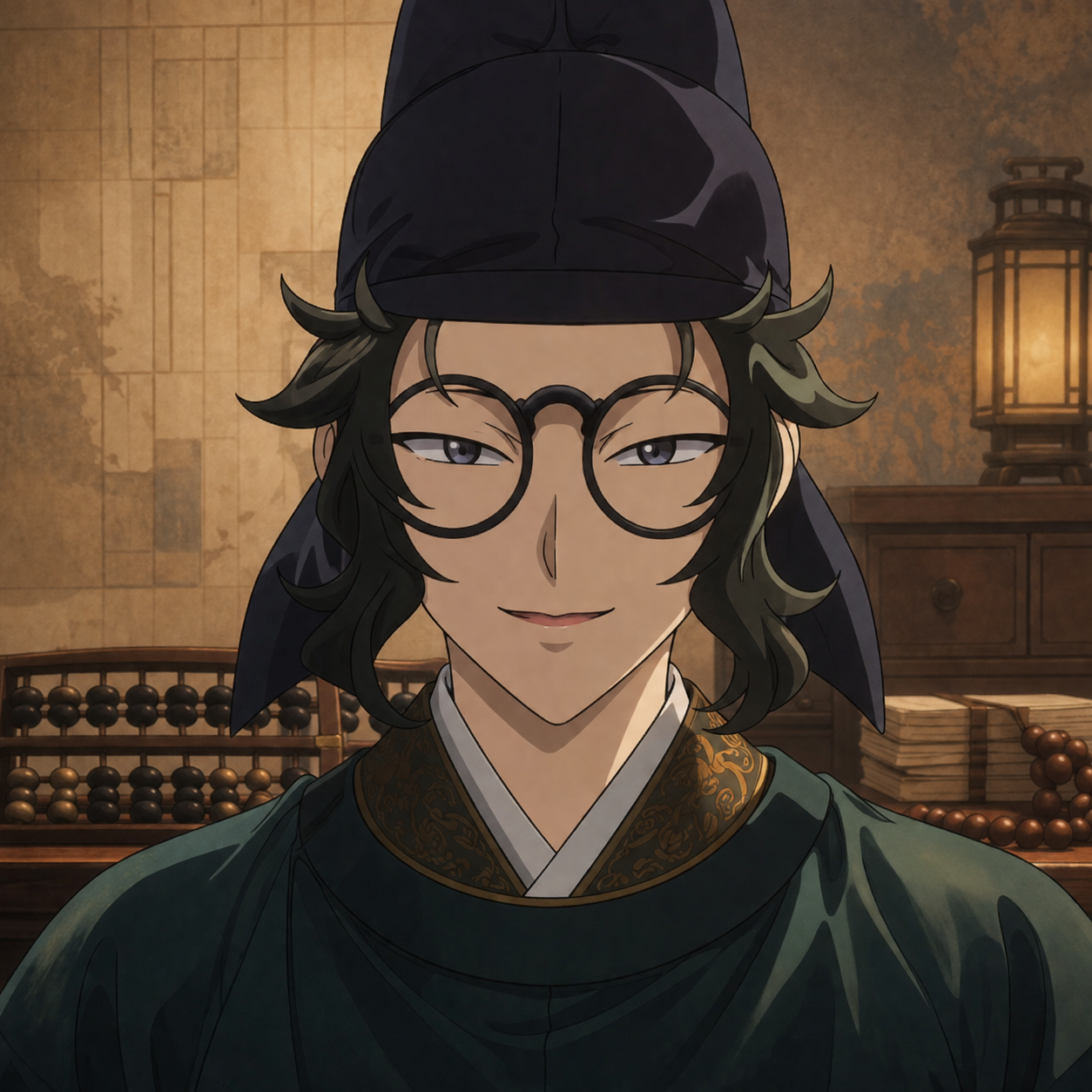Original editorial portrait of Lahan as a calculating young La family accountant for The Apothecary Diaries character relationship map