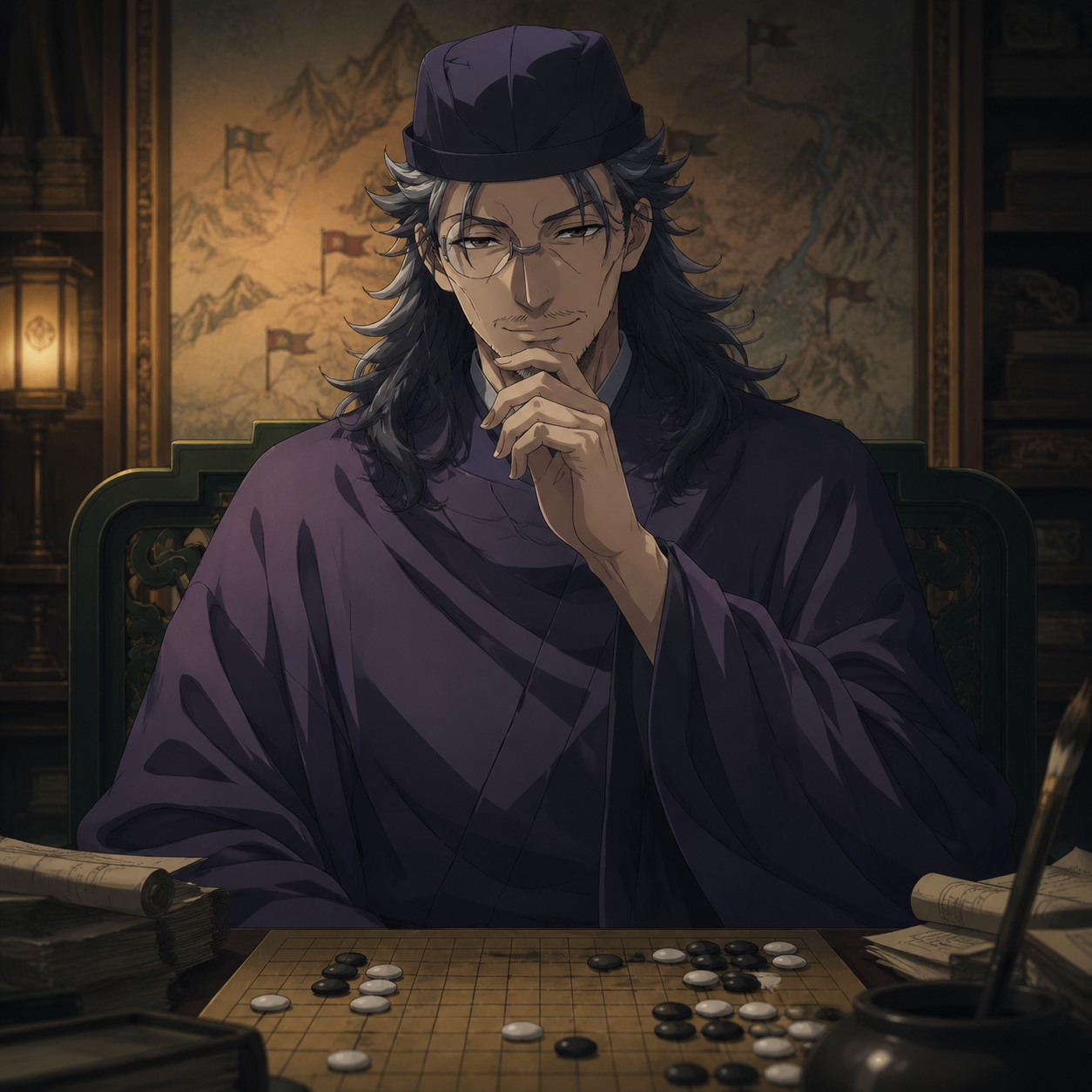 Original editorial portrait of Lakan as an eccentric strategist for The Apothecary Diaries character relationship map