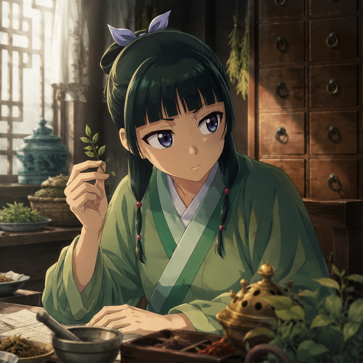 Original editorial portrait of Maomao studying medicinal herbs
