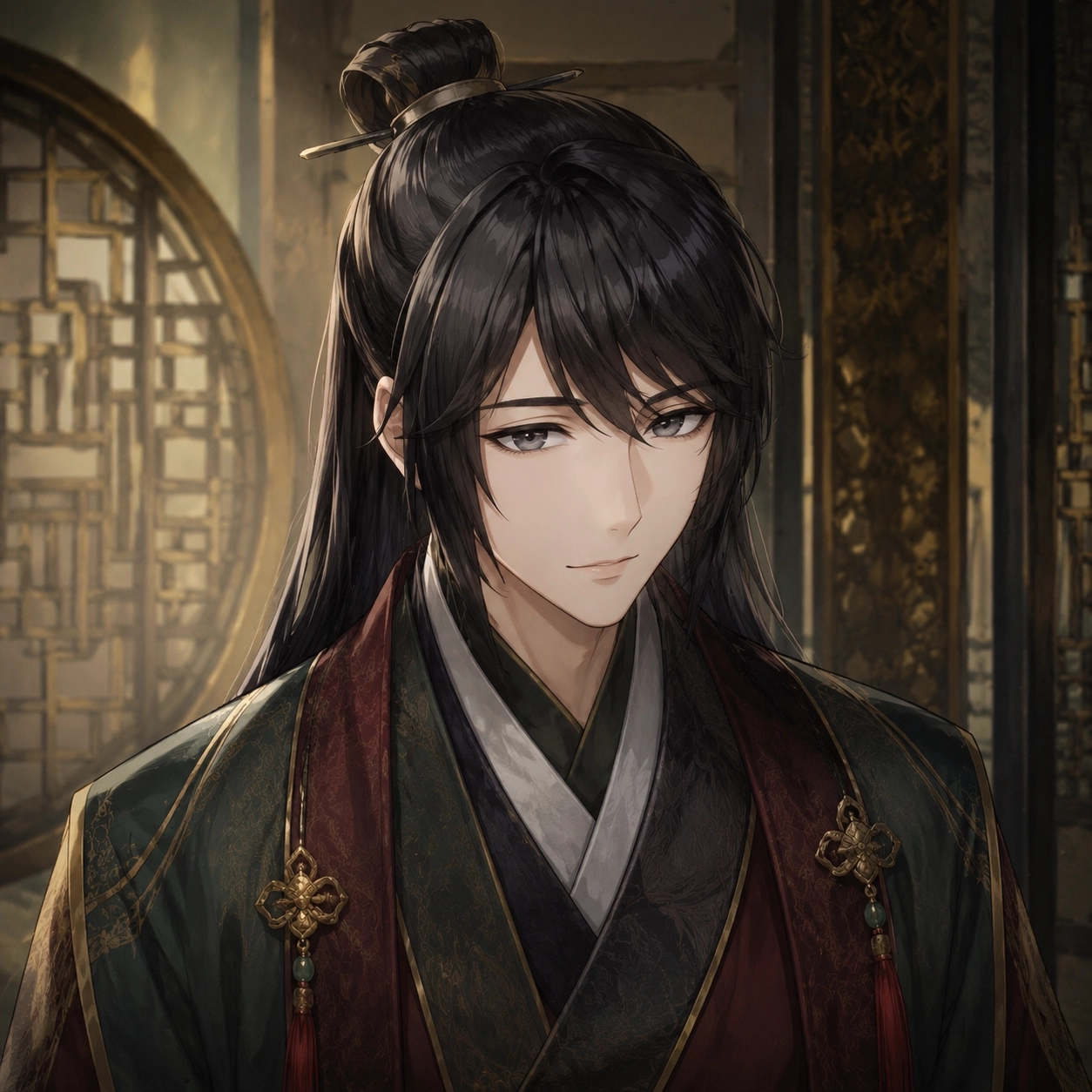 Original editorial portrait of Rikuson as a composed Western Capital official for The Apothecary Diaries character relationship map