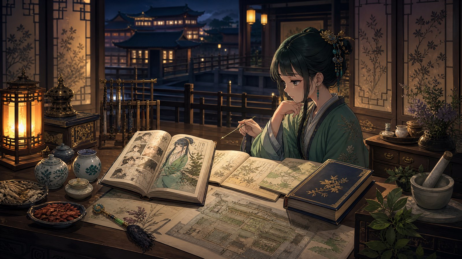 Original editorial anime-style illustration of a palace night reading room with herbs, medicine tools, open notes, and a young apothecary-inspired reader