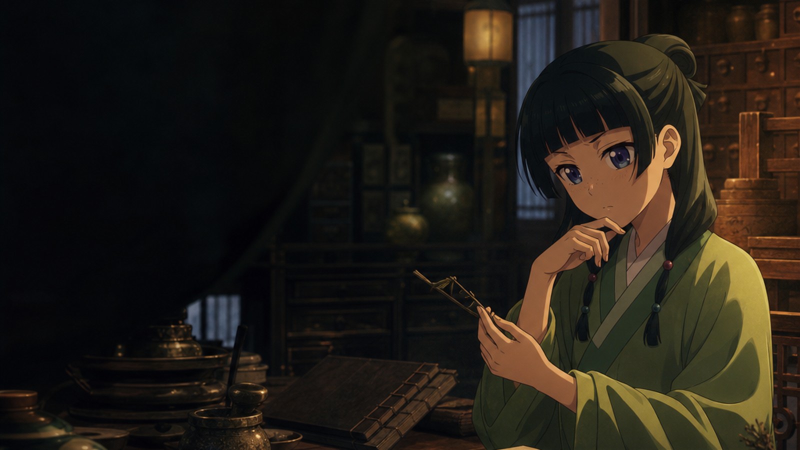Original editorial illustration of Maomao studying medicinal herbs and palace notes in an apothecary room at night